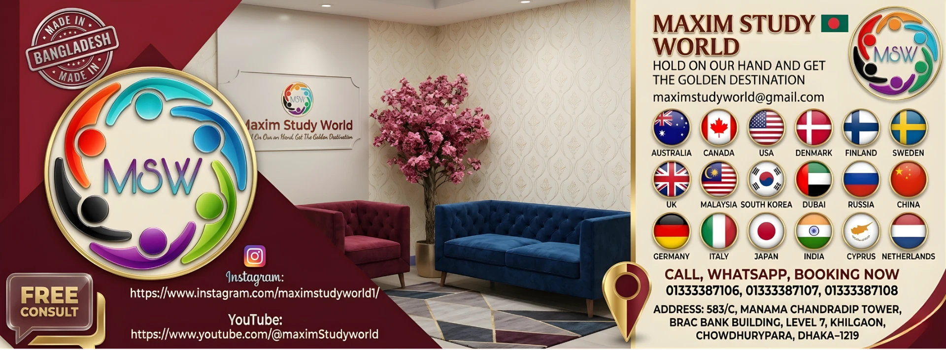 Maxim Study World official banner with contact numbers and study destinations